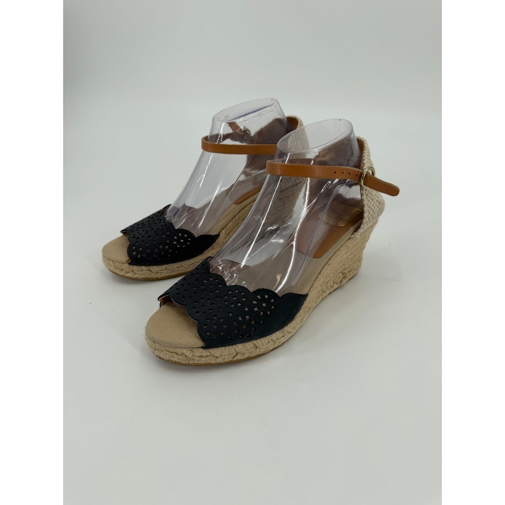 Kanna Anthropologie Black Scalloped Laser Cut Espadrille Wedge Sandals Spain 39
